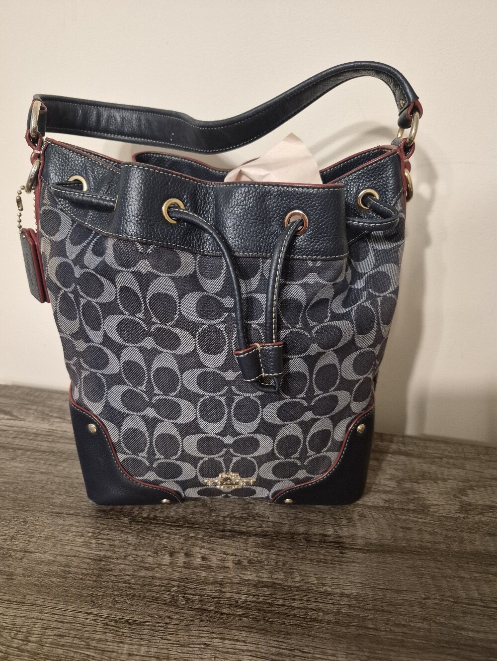 Coach Signature Jacquard Mickie Drawstring Denim Bucket Shoulder Bag